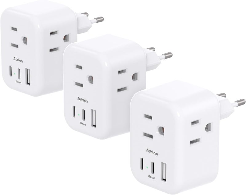 Addtam 3 Pack European Travel Plug Adapter, US to Europe Plug Adapter with 3 Outlets 3 USB Charger (2 USB C Port), Type C Power Adaptor to Italy Spain France Portugal Iceland - Image 1